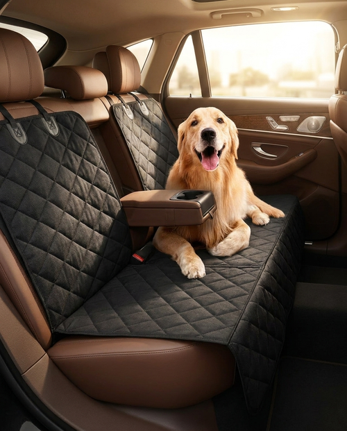 Dog sitting on waterproof car seat cover installed in SUV back seat